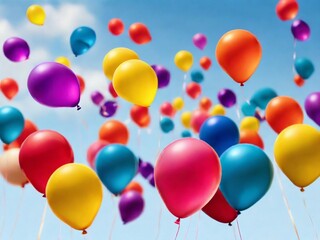 Colorful balloons floating in the sky, with dynamic and vibrant motion. joyful visual of the balloons in a captivating, high-resolution composition suitable for celebrations and festive themes.