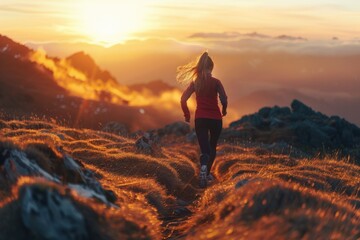 Fototapeta premium A person runs uphill as the sun sets in the background, capturing the moment of physical exertion and natural beauty