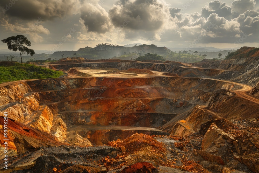 Poster a massive open-pit mine filled with piles of dirt and debris
