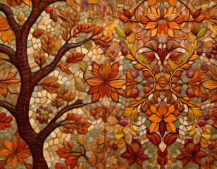 Autumn Mosaic with Abstract Shapes Representing Leaves, Bark, and Natural Elements in Seasonal Shades