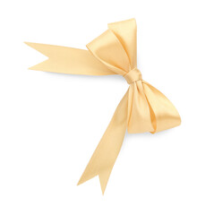 Fototapeta premium One golden satin bow isolated on white, top view