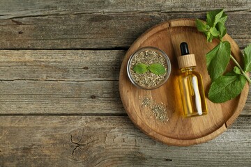 Tincture in bottle and herbs on wooden table, top view. Space for text