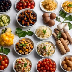 Food day decoration of meal, vegetables and fruits. Creative concept for healthy foods, fresh vegetables, fruit, with plate, food day celebration with attractive healthy food in white background