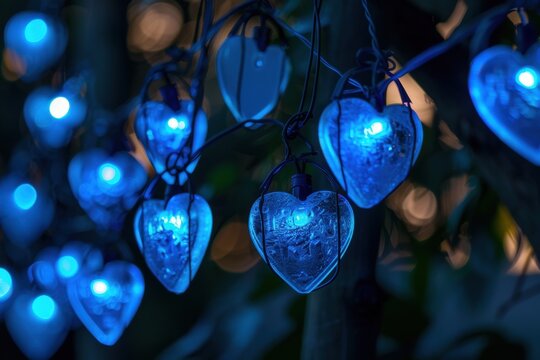Three blue heart-shaped lights hanging from a tree branch, generative ai image