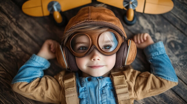 Ni&ntilde;o, vestido de piloto con gafas, ojos azules y mucha ilusi&oacute;n por emprender el vuelo, concepto de sue&ntilde;o infantil y deseos de experimentar y so&ntilde;ar.