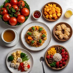 Food day decoration of meal, vegetables and fruits. Creative concept for healthy foods, fresh vegetables, fruit, with plate, food day celebration with attractive healthy food in white background