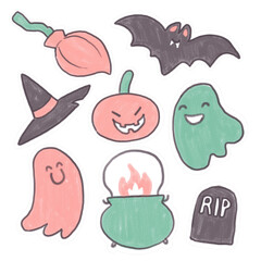 Cute kids Happy Halloween sticker set. Pumpkin lantern, witch hat, cauldron, cute ghosts, grave and bat. October holiday bundle with white border for print or packaging, on transparent background. 