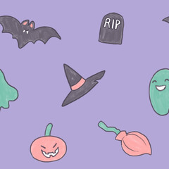 Seamless Halloween pattern with cute kid illustrations. Happy ghost, bat, pumpkin lantern, grave and witch hat. Holiday design pattern on purple background.