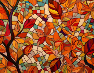 Autumn Mosaic with Abstract Shapes Representing Leaves, Bark, and Natural Elements in Seasonal Shades