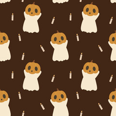 Vector  seamless pattern with a cute ghost with pumpkin head and candles, Halloween concept