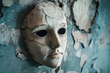 Cracked Porcelain Mask Embedded in Weathered Wall