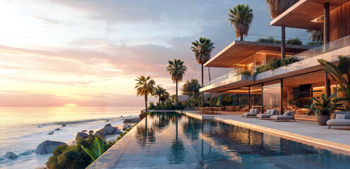 An architectural rendering of the exterior view across an infinity pool of a modern mansion on beachfront with white walls and large glass windows overlooking the coastal ocean © ilya_levchenko