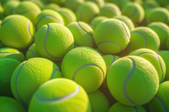 A large pile of tennis balls stacked high, suitable for use in sports or advertising