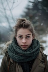 A woman wears a scarf wrapped tightly around her neck