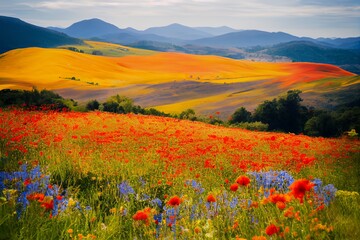 A vibrant landscape filled with colorful wildflowers and rolling hills under a cloudy sky.