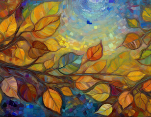 Autumn Mosaic with Abstract Shapes Representing Leaves, Bark, and Natural Elements in Seasonal Shades