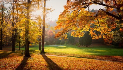 A serene fall afternoon in the park, with warm red, yellow, and orange leaves, soft light, light fog, and a peaceful, calming atmosphere.