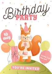 Childrens birthday invitation cute fox, festive balloons, and a gift on a white background. Vector