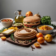 Food day decoration of meal, vegetables and fruits. Creative concept for healthy foods, fresh vegetables, fruit, with plate, food day celebration with attractive healthy food in white background