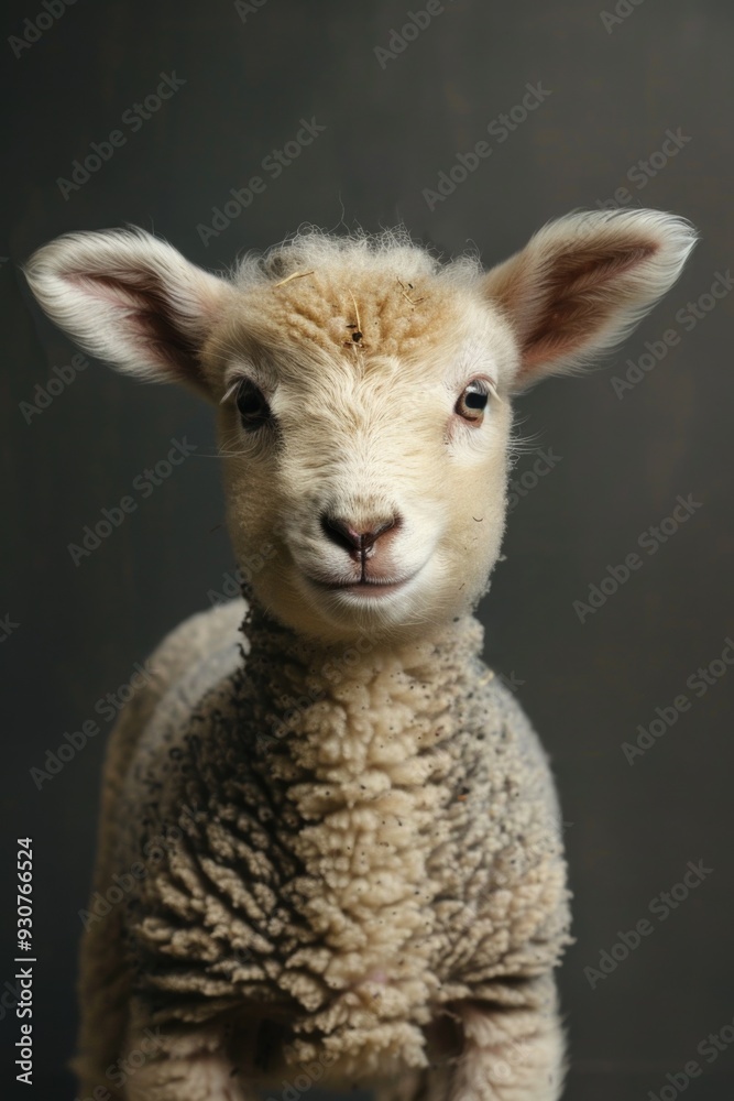 Poster a sheep looking directly at the camera, isolated on a white background