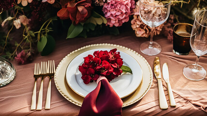 Fototapeta premium Wedding or formal dinner holiday celebration tablescape with hydrangea flowers in the English countryside garden, table setting and wine, floral table decor for family dinner party, home styling