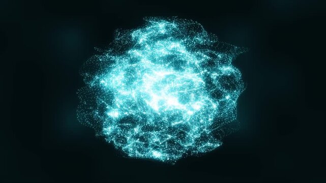 Abstract blue energetic glowing magic orb with plasma dynamic shining core levitates in space. Dark blue background with fractal particles flying by. A neon performance sphere 4k video.