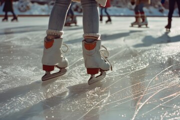 A close-up shot of a person's legs in ice skates, great for winter or sports themed concepts