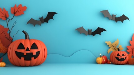 Adorable halloween themed scene featuring flying pumpkins and bats against a blue backdrop, ideal for cards, invitations, banners, or social media