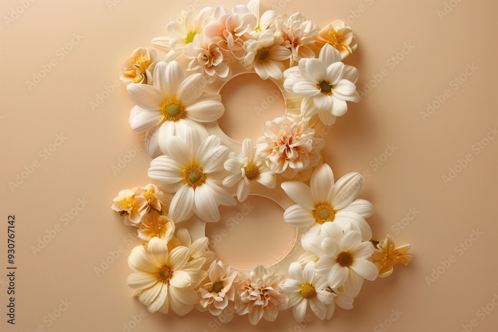 Poster a hand-crafted numeral 8 created from colorful flowers on a soft pink surface, perfect for decorativ