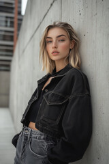 Girl leaning against a wall wearing urban attire