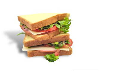 Photo of a double toast made with cornbread, layered with fresh tomato slices, crisp lettuce, mortadella, and cheese, isolated on white background.
