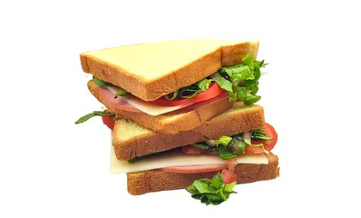 Photo of a double toast made with cornbread, layered with fresh tomato slices, crisp lettuce, mortadella, and cheese, isolated on white background.