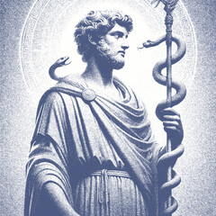 Drawing of Asclepios, the Greek god of Medicine, holding his staff with the snake twisted around it