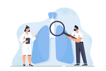 Pulmonologist with lungs. Man with magnifying glass and woman in uniform near huge lungs. Diagnosis and treatment. Bronchi and respiratory system research. Flat vector illustration