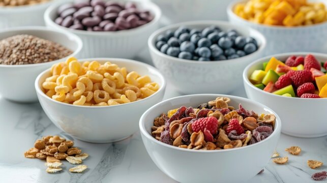 A table setup with bowls of cereal and fruit, perfect for a quick breakfast or snack