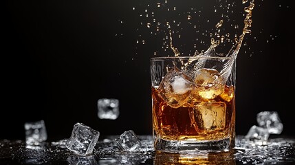 A glass of whiskey splashing with ice cubes against a dark background.