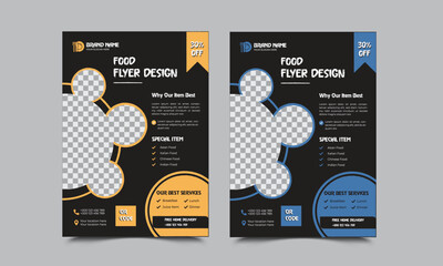 Fast food flyer design with color variation or banner template design with abstract background ,logo QR code and icon