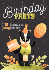 Childrens birthday invitation cute fox, festive balloons, and a gift. Vector