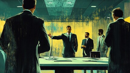 An authoritative figure making a decision in a high-pressure situation, with colleagues looking on in a modern office