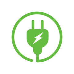 Electric car with E plug green icon. Eco friendly vehicle concept  symbol. Hybrid vehicles charging point logotype. Vector illustration.