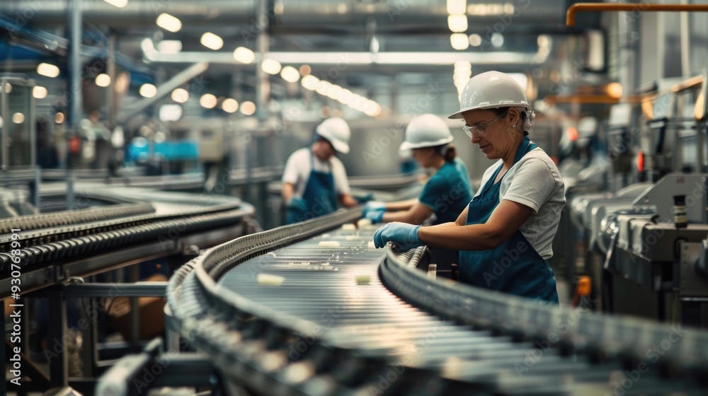 Poster a group of factory workers operate machinery and assemble products on a conveyor belt