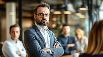 An authoritative figure making a decision in a high-pressure situation, with colleagues looking on in a modern office