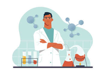Man scientist in lab. Young guy in coat near test tubes with chemical reagents. Experiment in laboratory. Scientist develops cure. Flat vector illustration isolated on white background