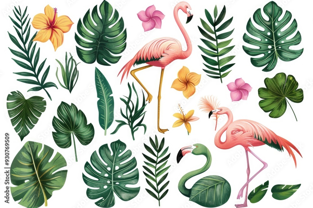 Poster a collection of colorful tropical leaves surrounded by flamingos in a natural setting