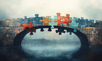 A bridge made of puzzle pieces with a city in the background. The bridge is a symbol of connection and unity, as it is made up of different pieces that fit together to form a whole