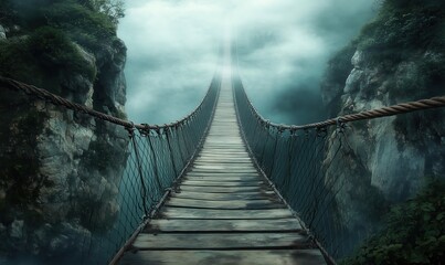Obraz premium A bridge over a river with a foggy sky in the background. The bridge is made of wood and is suspended over a deep ravine. Scene is mysterious and serene