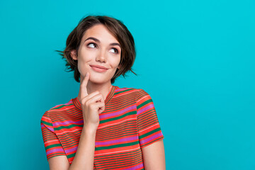 Portrait of smart intelligent girl with short hair wear stylish t-shirt dreamy look empty space...