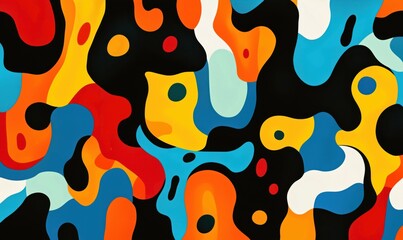 A colorful abstract painting with a black background. The painting is full of different colors and shapes, creating a sense of movement and energy. The overall mood of the painting is vibrant