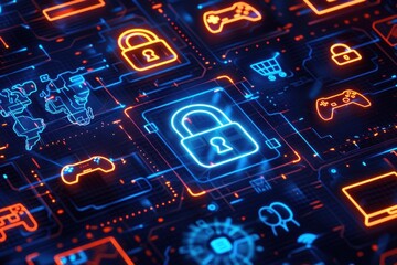 digital security symbols such as a lock, globe, and icons representing the internet on a black background with a blue glow effect. In the center, there is a padlock symbol Generative AI