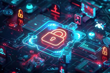 an icon featuring security symbols and a lock, surrounded by icons representing various online activities like gaming or social media use Generative AI